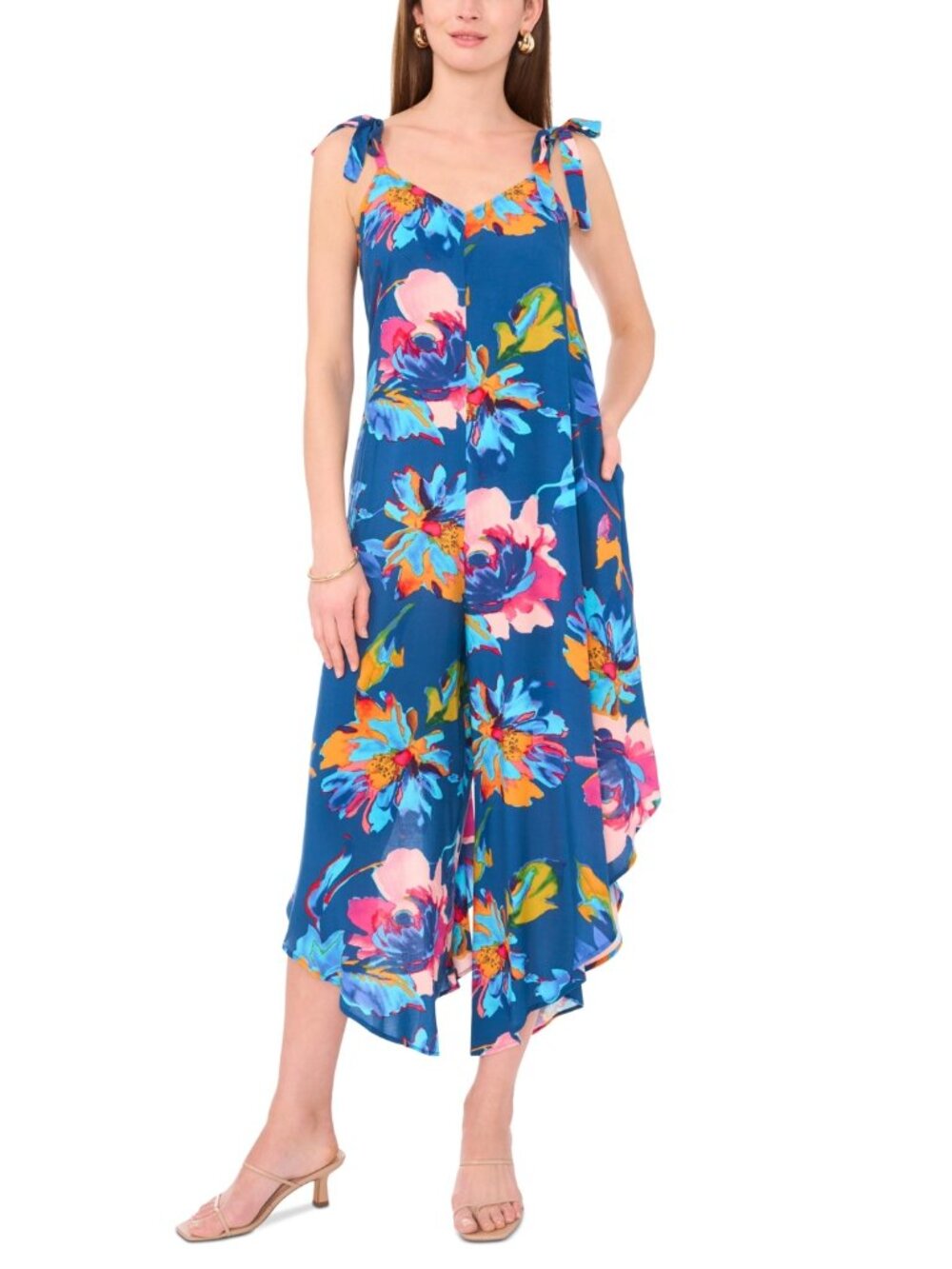 Vince Camuto Women's Floral Tie Shoulder Angled Hem Jumpsuit SIze S